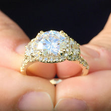 Load image into Gallery viewer, Round Cut Moissanite and Cvd Diamonds Round And Half Moon Cut Engagement Ring Deco Bridal Ring 14k Solid Yellow Gold Wedding Ring 3.00ctw

