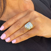 Load image into Gallery viewer, Emerald Cut Moissanite Ring Solitaire Set In 14K Solid And Heavy Yellow Gold Bezel Set Wedding Ring Double Halo Style Bridal Ring 3.50ct
