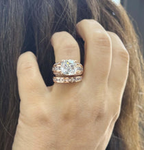 Load image into Gallery viewer, Cushion And Round Cut Sides Diamond Engagement Ring And Band Set In IGI Certified 14K Solid Rose Gold Hidden Halo Wedding Bridal Ring 6.50ct
