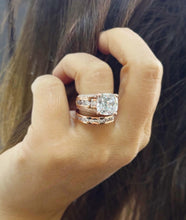 Load image into Gallery viewer, Cushion And Round Cut Sides Diamond Engagement Ring And Band Set In IGI Certified 14K Solid Rose Gold Hidden Halo Wedding Bridal Ring 6.50ct
