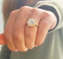 Load image into Gallery viewer, Round Cut Moissanite Engagement Ring Halo Split Shank Design Bridal Ring Halo Wedding Ring Filigree Style 14k Solid Yellow Gold 4.60
