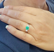 Load image into Gallery viewer, Asscher Cut Natural Green Emerald And Natural Round Cut Sides Diamonds Ring Three Stone Style Bridal Engagement 18k Solid White Gold 1.28ctw
