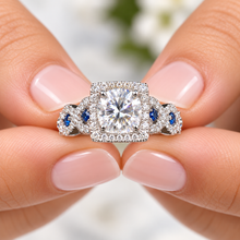Load image into Gallery viewer, Round Moissanite &amp; CVD Diamond Sapphire Halo Engagement Ring 14K White Gold 2.00 CT
