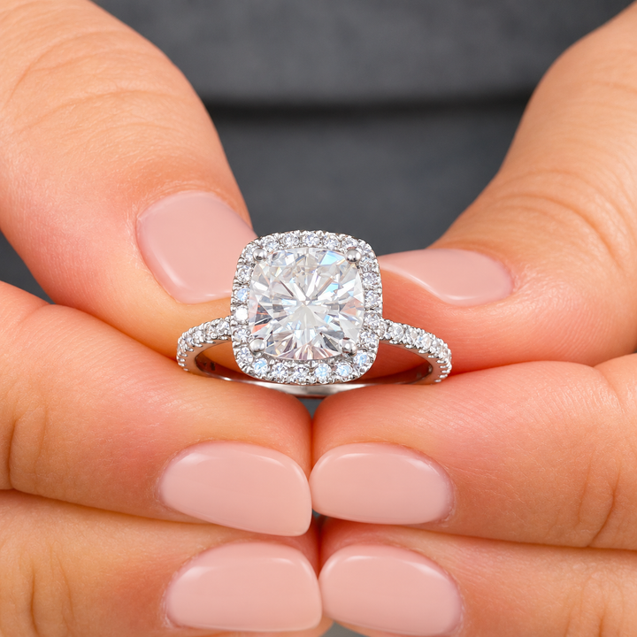 Cushion Cut Moissanite And Round Cut Sides Engagement Ring Halo Style Propose Ring Bridal Wedding Ring For Her 14K Solid White Gold 2.50ctw