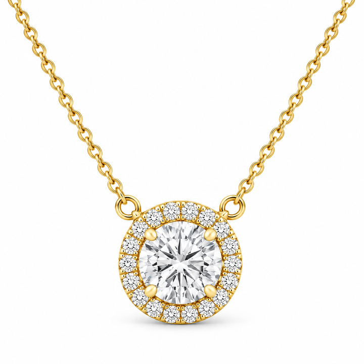 Round Cut IGI Certified Diamond Pendant And Chain Solitaire Minimalist Halo Style 14k Solid Yellow Gold Necklace And Chain Wedding Gift 1.70