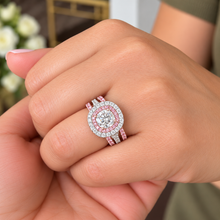 Load image into Gallery viewer, Cushion Cut Moissanite And Round Cut Sides Engagement Ring And Two Bands, Double Halo Wedding Set, 14k Solid White And Rose Gold 2.80ctw
