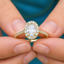 Load image into Gallery viewer, Oval Moissanite &amp; Round Cut Halo Engagement Ring 14K Yellow Gold 2.00 CTW
