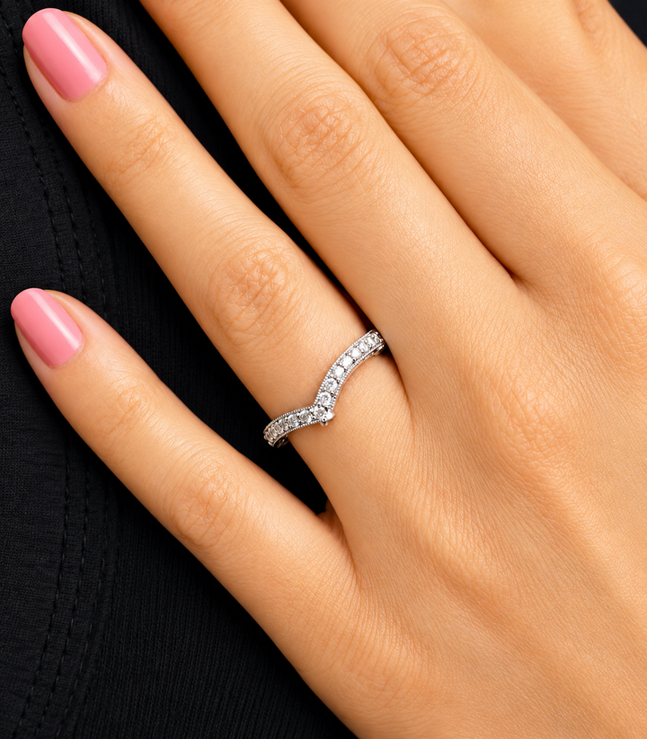 Round CVD Diamond V Shaped Filigree Half Eternity Band 14K White Gold 0.70 CTW