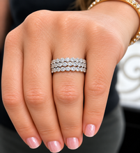 Load image into Gallery viewer, Round Moissanite Antique Filigree Eternity Wedding Band 14K White Gold 0.60 CTW shown stacked on a hand
