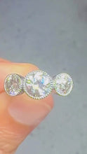 Load and play video in Gallery viewer, Round Cut Moissanite Engagement Ring Three Stone Antique Style Bezel Set Design 14k Solid White Gold Wedding Bridal Set 2.00ctw
