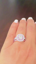 Load and play video in Gallery viewer, Cushion Cut And Round Cut Diamonds And Pink Sapphires Engagement Ring And Two Bands IGI Certified 14K White And Rose Gold Double Halo 3.00ct
