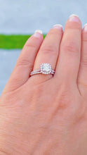 Load and play video in Gallery viewer, Cushion Cut Moissanite and Round Cut Sides Engagement Ring And Matching Band In 14K Rose Gold Wedding Set Halo Style Bridal Set 1.60ctw
