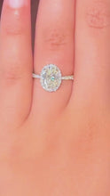 Load and play video in Gallery viewer, Elongated Oval Shape Moissanite Center (11x8mm) And Round Cut Sides Engagement Ring Halo Style 14k White Gold Wedding Ring 4.50ctw
