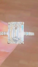 Load and play video in Gallery viewer, Emerald Cut Moissanite And Round Cut Sides Engagement Ring Set In 14k Yellow Gold Wedding Ring Bridal propose Ring 4.25ctw
