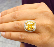 Load image into Gallery viewer, Huge Women&#39;s 14k solid white and yellow gold cushion cut yellow citrine and natural diamond engagement ring Bridal Wedding Halo 4.20ctw
