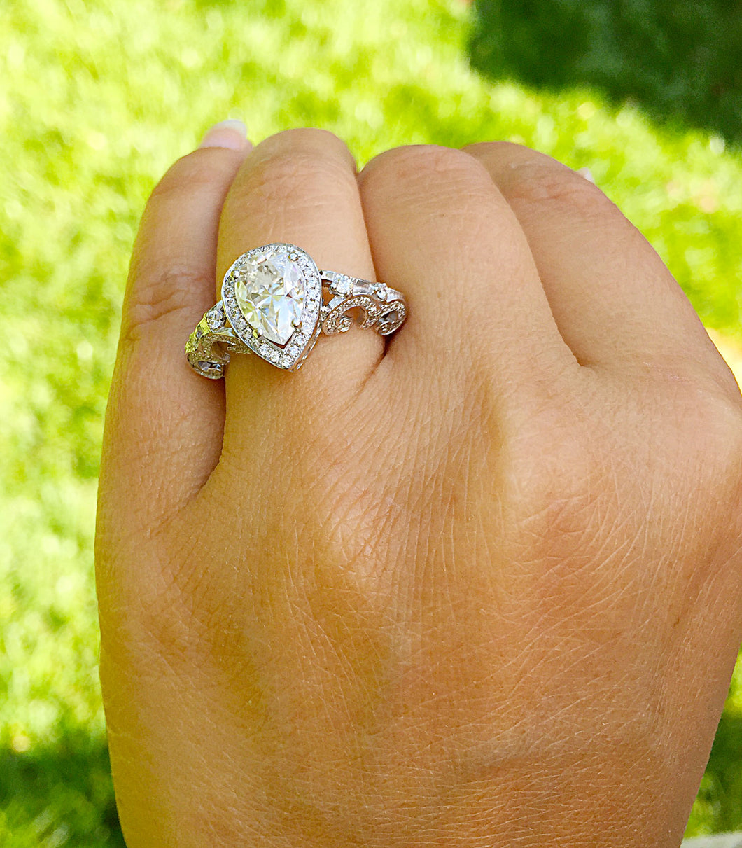 GIA/IGI Certified 14k White Gold Pear Shape And Round Cut Diamonds Engagement Ring Bridal Wedding Halo antique style 2.70ctw F-VS2