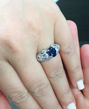 Load image into Gallery viewer, 14k solid white gold oval cut sapphire and round cut natural diamonds engagement ring Wedding, Anniversary Bridal, Halo, Filigree 2.15ctw
