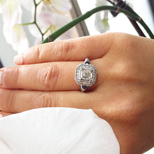 Load image into Gallery viewer, 14k White Gold Asscher, Round, And Trillion Cut Natural Diamonds and Sapphire Engagement Ring, Weding, Anniversary, Halo, Filigree 2.10ctw
