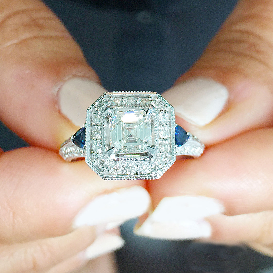 GIA/IGI Certified 14k White Gold Asscher, Round, And Trillion Cut Diamonds and Sapphire Engagement Ring Halo 2.00ctw F-VS2