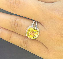 Load image into Gallery viewer, Huge Women&#39;s 14k solid white and yellow gold cushion cut yellow citrine and natural diamond engagement ring Bridal Wedding Halo 4.80ctw
