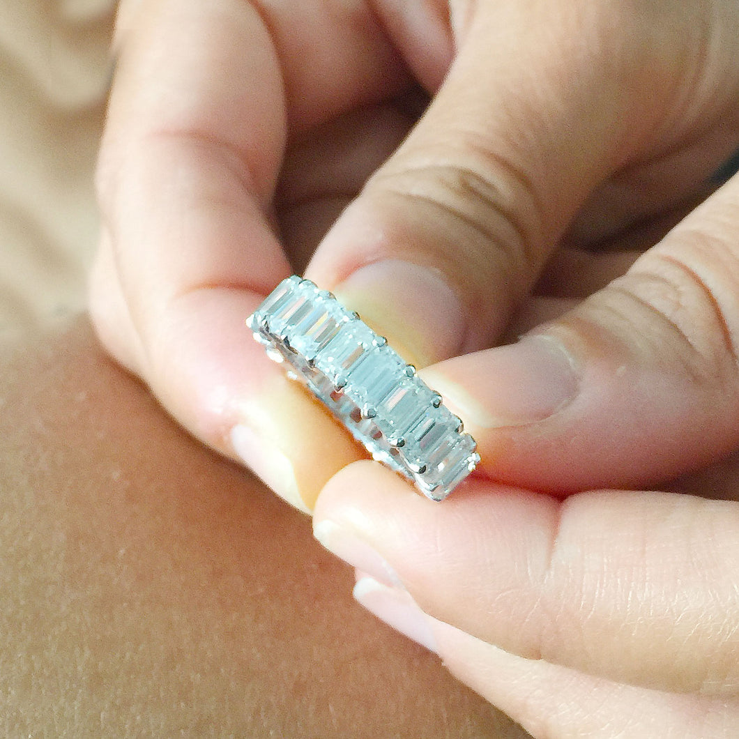 Huge 14K White Gold Emerald Moissanite Eternity Band Ring Engagemetn, Wedding, Anniversary Propose 5.00ctw 5.0x3.0mm each stone