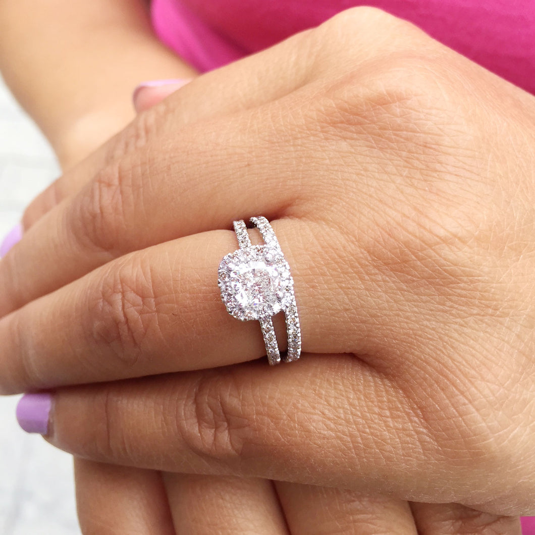 14k white gold cushion and round cut natural diamond engagement ring and band art deco halo bridal wedding bridal set 1.75ctw