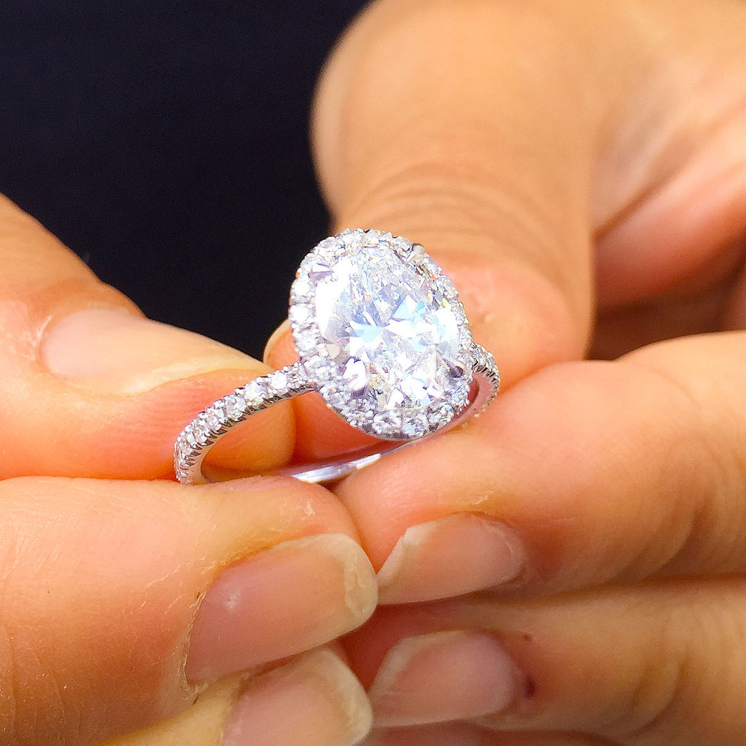 14k white gold oval cut moissanite and diamond engagement ring art deco Wedding, Anniversary, Natural Diamonds, Bridal, Halo 2.50ctw