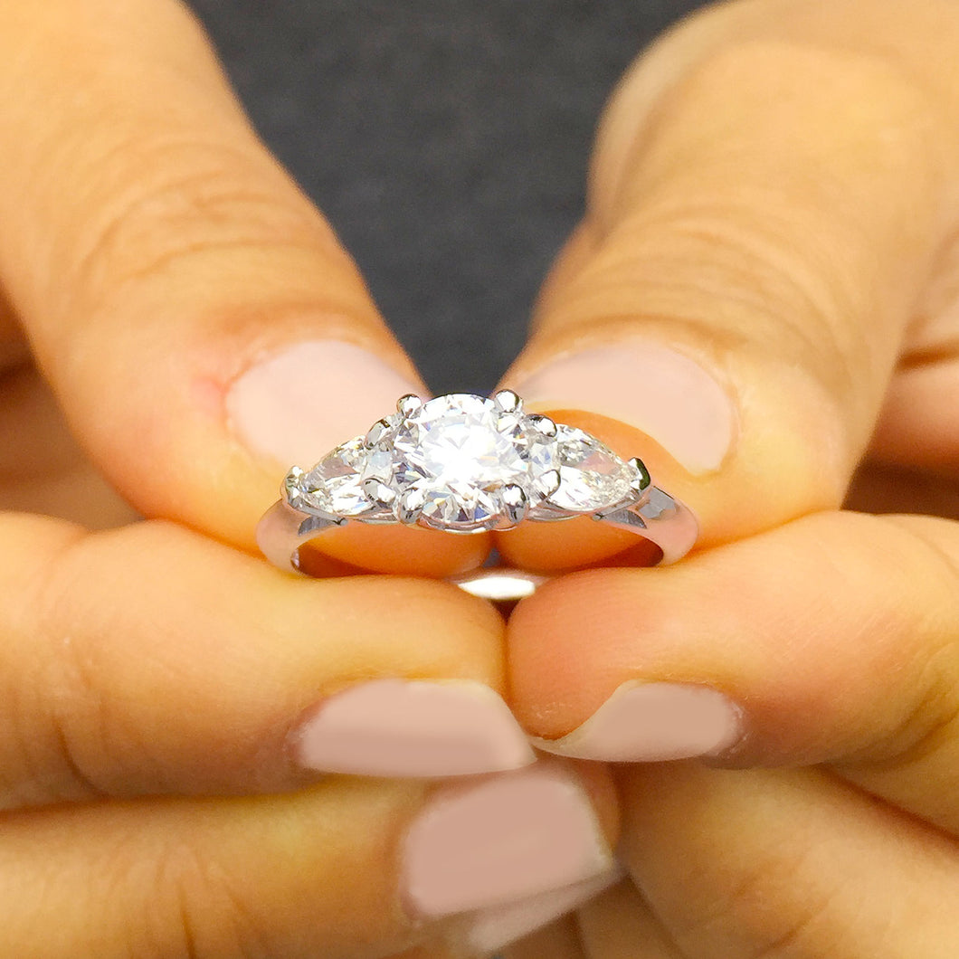 14k white gold round and pear cut diamond engagement ring deco three stone wedding anniversary bridal natural diamonds Bridal 1.20ctw