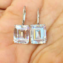 Load image into Gallery viewer, Huge 7 Carat Emerald Cut Forever One Moissanite Earrings Prong set 14k White Solid Gold Bridal Wedding Engagement French Post Setting
