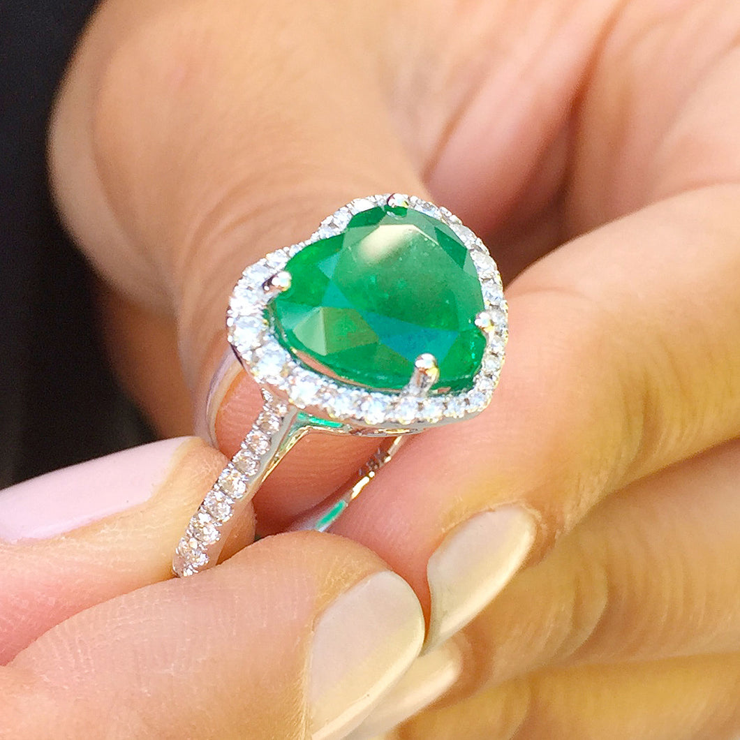 14k solid white gold simulated green heart shape emerald and natural round cut diamonds ring halo, bridal, engagement, wedding 4.00ct