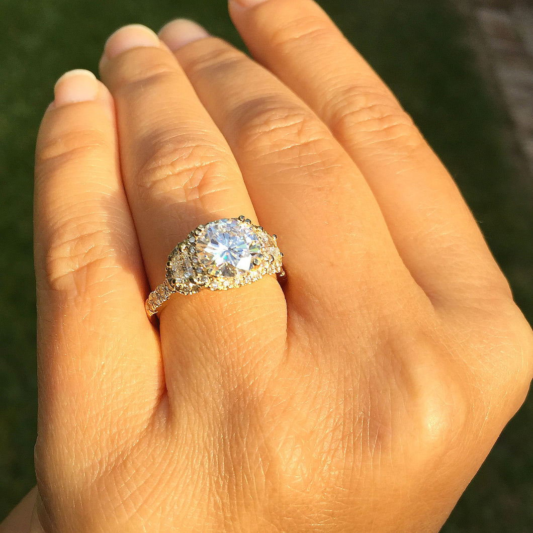 14k yellow gold round cut Moissanite and diamond engagement ring deco Bridal Wedding Anniversary Halo Half Moon Cut 2.50ctw