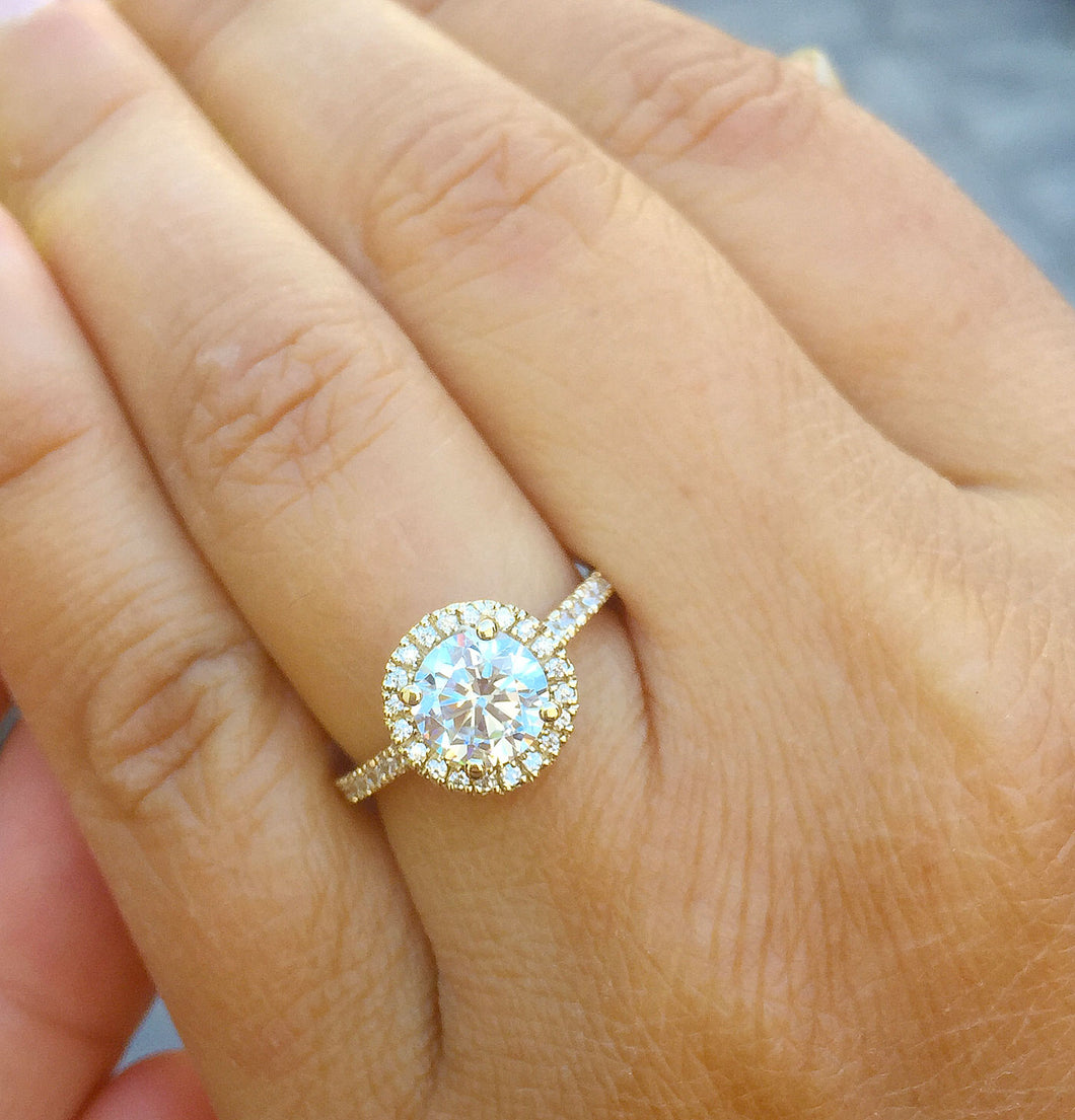 Elegant 14k yellow gold round cut moissanite and diamond engagement ring prong deco Bridal Wedding Halo Natural Diamonds 1.50ctw