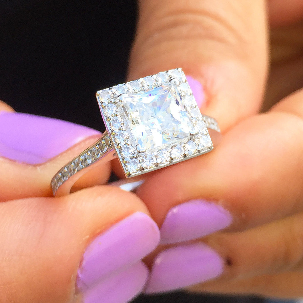 14k White Gold Princess Forever One Moissanite and Round Cut Diamond Engagement Ring Halo Natural Diamonds Wedding Anniversary 2.00c