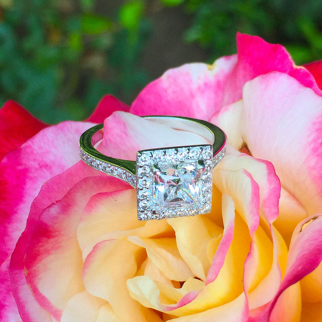 14k White Gold Princess Moissanite and Round Cut Diamond Engagement Ring Halo Natural Diamonds Wedding Anniversary 2.00c