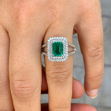 Load image into Gallery viewer, 14k solid white gold natural green emerald and natural round cut diamonds ring split band, double halo, bridal, engagement, wedding 2.80ct
