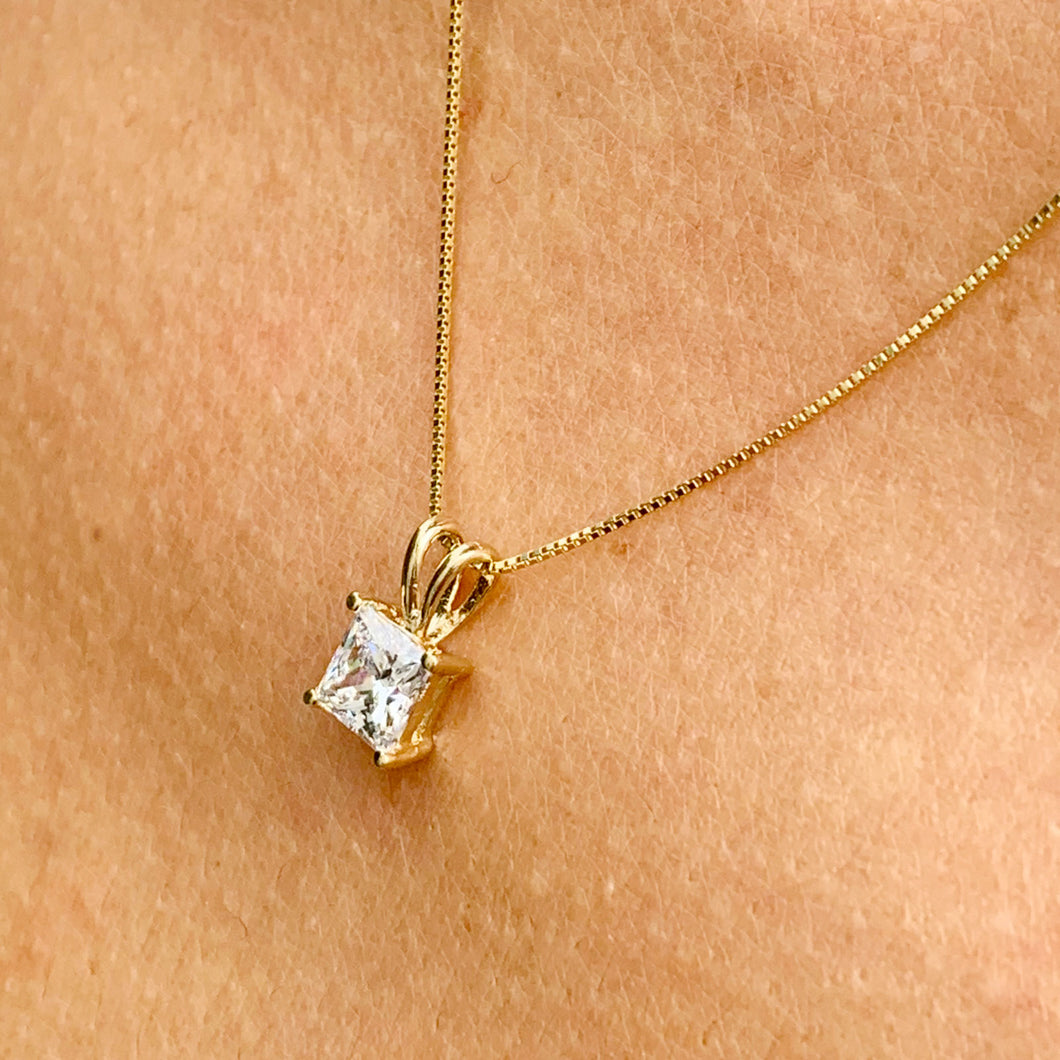 Lady's delicate 14k solid yellow gold 1.00ct princess cut forever one moissanite prong set solitaire necklace and chain