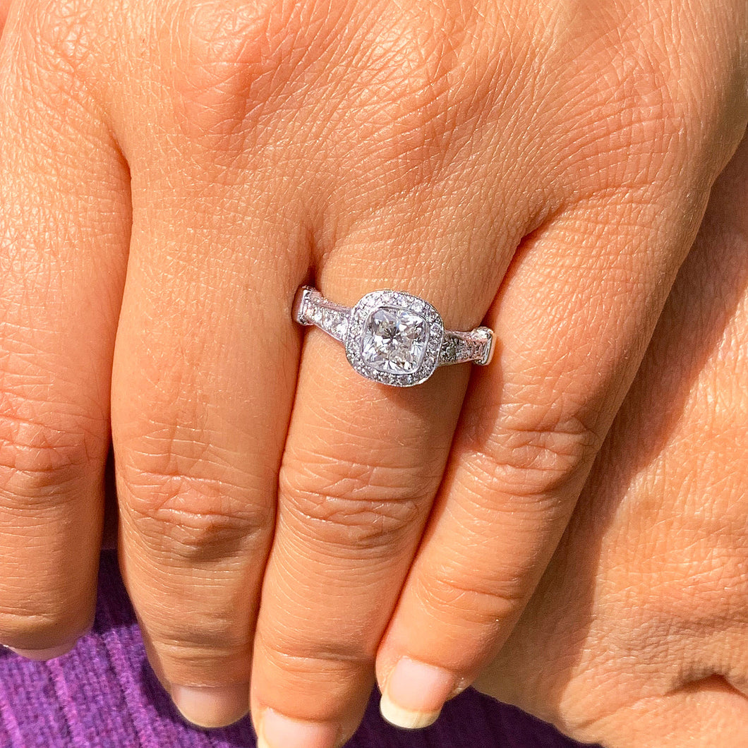 14k solid white gold cushion cut moissanite and natural diamond engagement ring bezel Bridal Wedding Halo 1.65ct