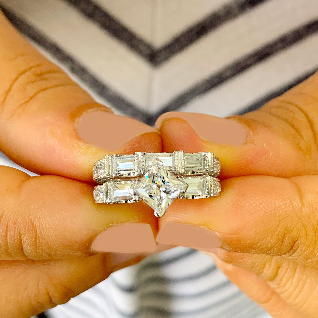 14k white gold princess cut natural diamond engagement ring and band side round and baguettes cut natural diamonds bridal wedding set 2.20ct