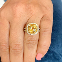 Load image into Gallery viewer, 14K Yellow Gold Cushion Yellow Citrine and Round Cut Diamond Ring Split Band, art deco, halo, promise, propose, anniversary, wedding  4.80ct
