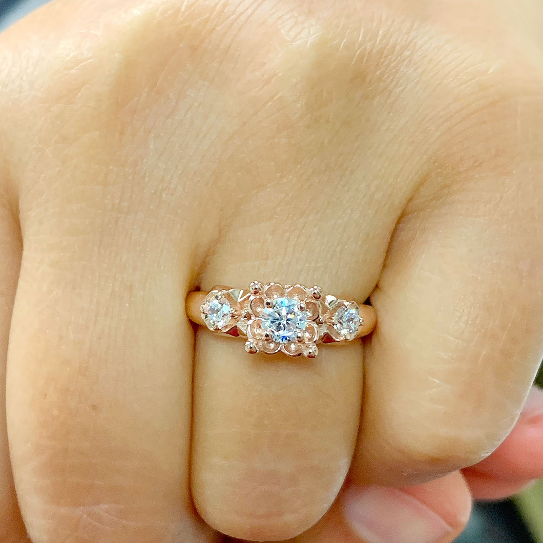 14k Rose Gold Round Cut Diamond Engagement Ring Art Deco Antique Style, Bridal, Prong Set, Natural Diamonds, Halo, Three Stone 0.60ct