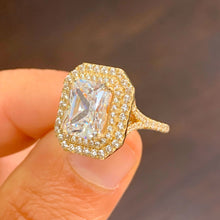 Load image into Gallery viewer, 14k solid yellow gold radiant cut forever one moissanite and round natural diamond engagement ring double halo split shank 3.50ctw
