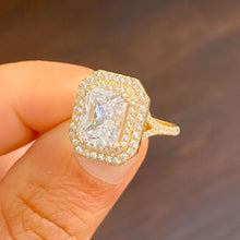 Load image into Gallery viewer, Beautiful 14k solid yellow gold radiant cut moissanite and round natural diamond engagement ring double halo split shank 3.50ctw
