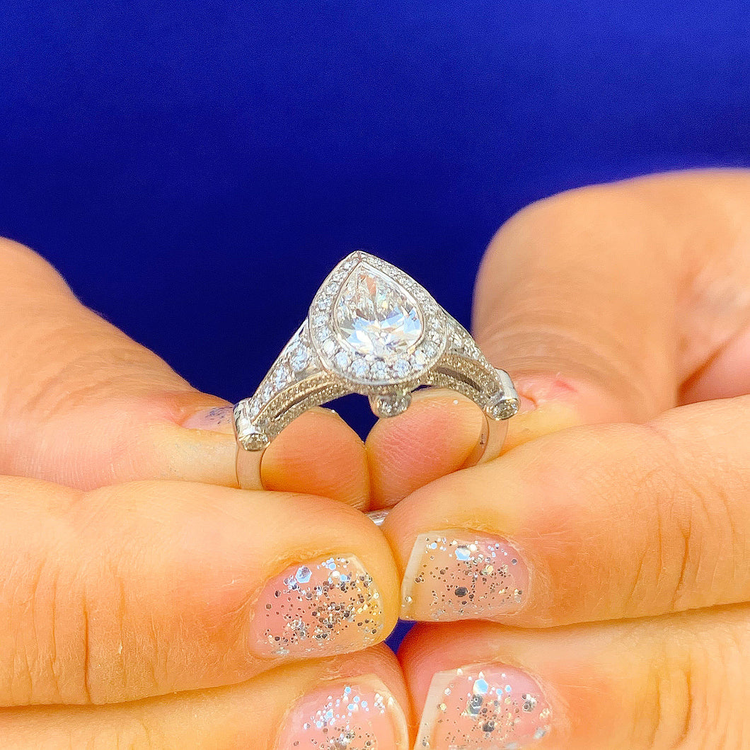 GIA/IGI Certified 14K White Gold Pear And Round Cut Diamonds Engagement ring Bezel Set Filigree Antique Style 1.85ctw F-VS2