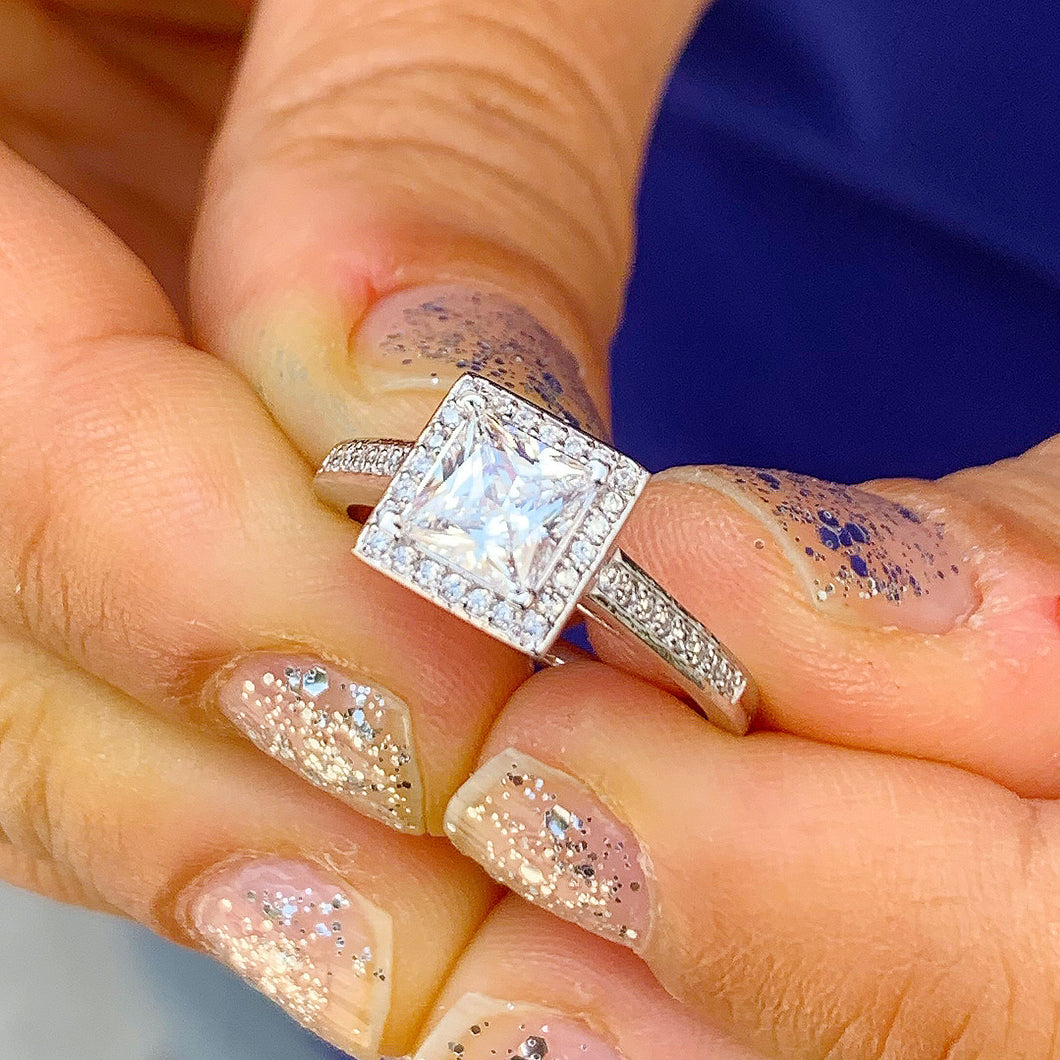 Beautiful 14k White Gold Princess Moissanite and Natural Round Cut Diamond Engagement Ring Halo Wedding Anniversary 1.70ctw