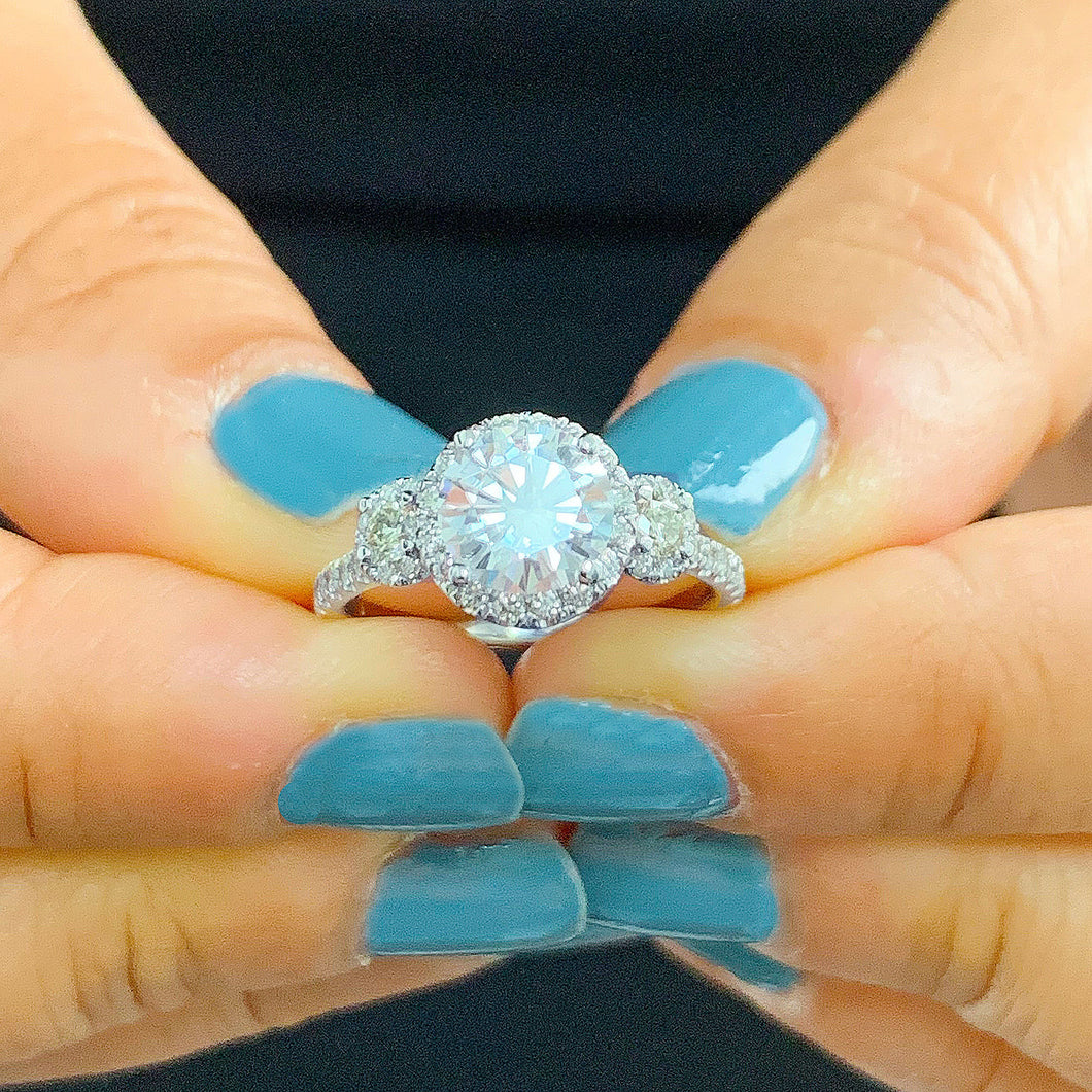 GIA/IGI Certified 14k Solid White Gold Round Cut Diamond Engagement Ring Three Stone Style Halo Bridal Wedding Prong set 2.00ctw F-VS2