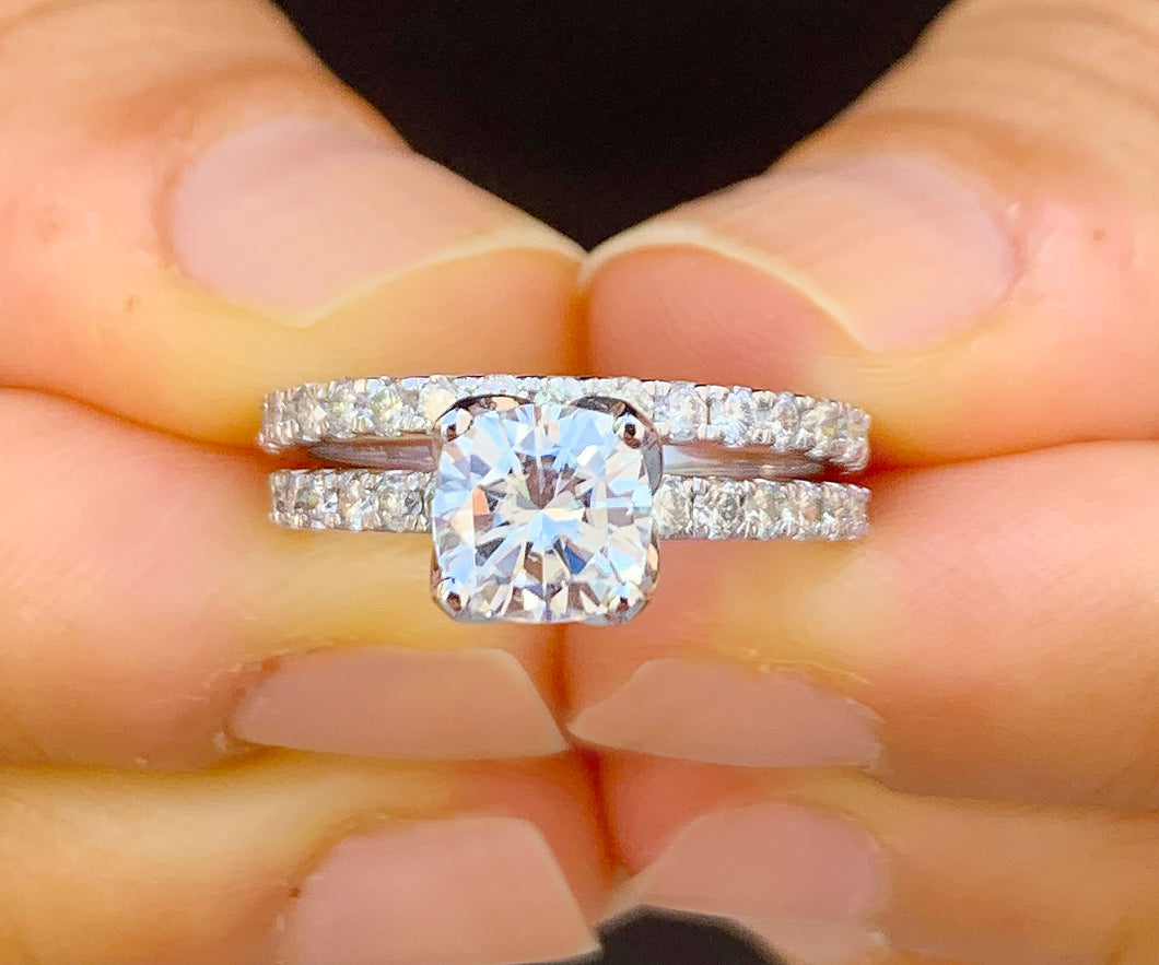 GIA/IGI Certified 14k Solid White Gold Cushion And Round Cut Diamond Engagement Ring And Band Art Deco Halo Wedding Bridal Set 2.10ctw