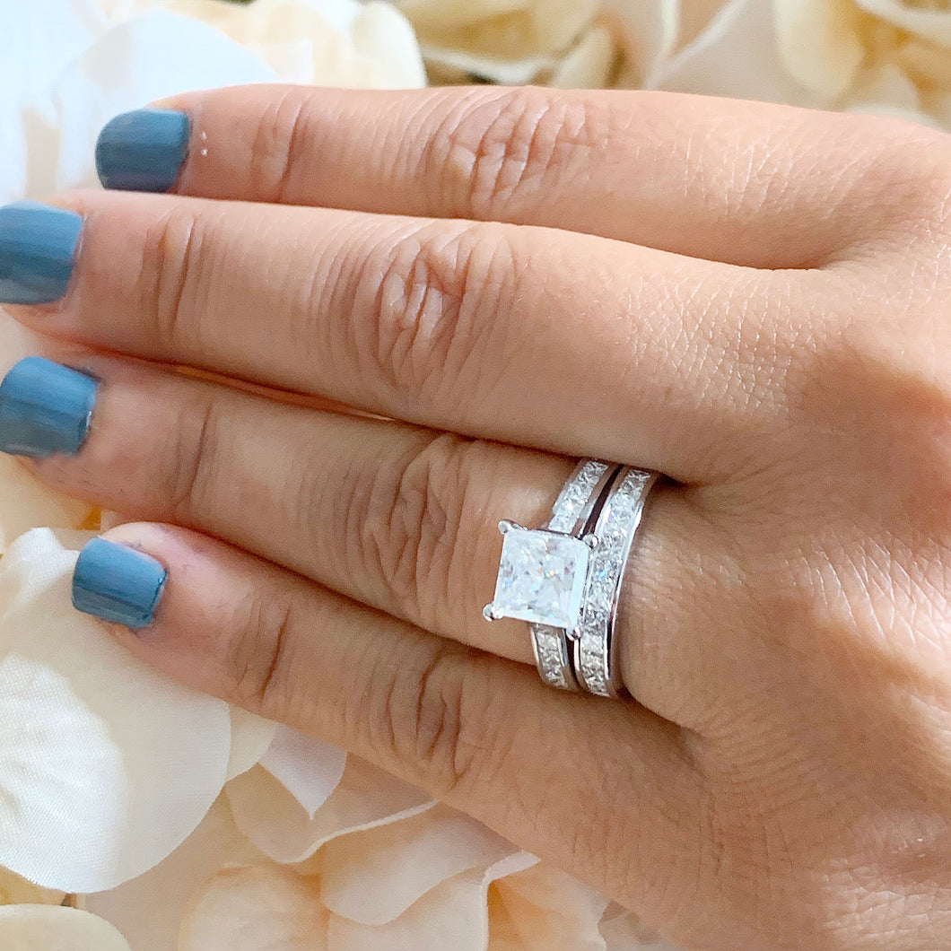 GIA/IGI Certified 14k Solid White Gold Princess Cut Diamond Engagement Ring And Band, Wedding Bridal Set 3.50ctw F-VS2