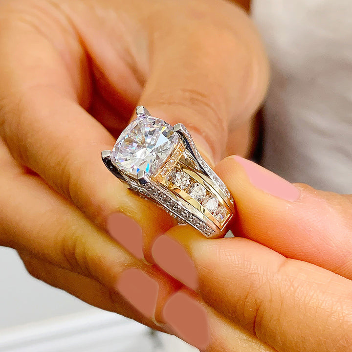 Cushion Cut Moissanite & Natural Diamond Engagement Ring 14K Two Tone Gold 6.50 CTW