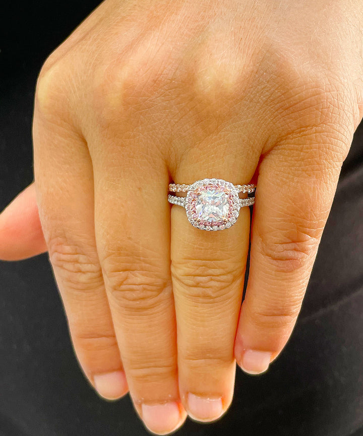 Cushion Natural Diamond & Pink Sapphire Double Halo Bridal Set 14K Two Tone Gold 2.40 CTW