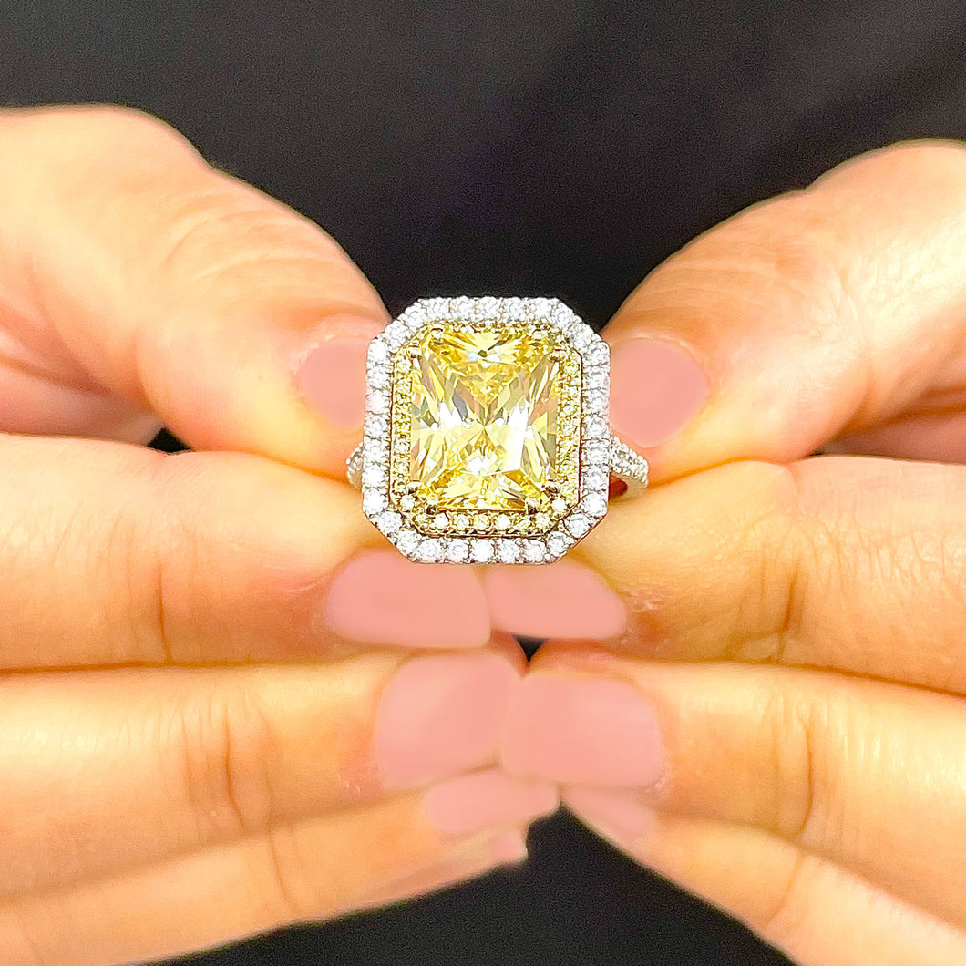 Huge Women's 14k solid white and yellow gold Light Fancy Yellow Radiant simulated and round cut natural diamond engagement ring Halo 6.00ct